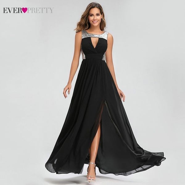 

ever pretty black prom dresses long a-line o-neck side split sparkle summer evening party gowns vestidos de festa 2019, White;black