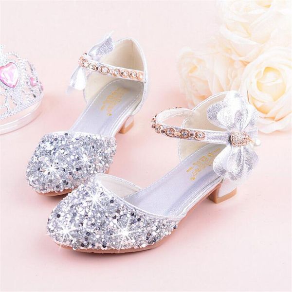 

girls sandals high heels 2019 spring and summer rhinestones bow princess performance /wedding crystal single shoes shiny silver, Black;grey
