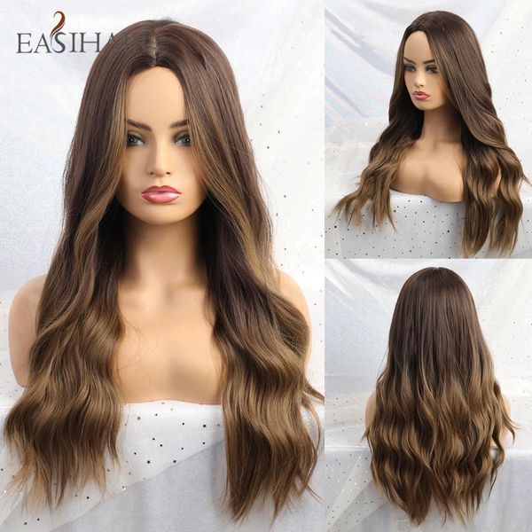 

easihair long brown ombre wigs high density synthetic wigs for women glueless wavy cosplay heat resistant fake hair wig, Black