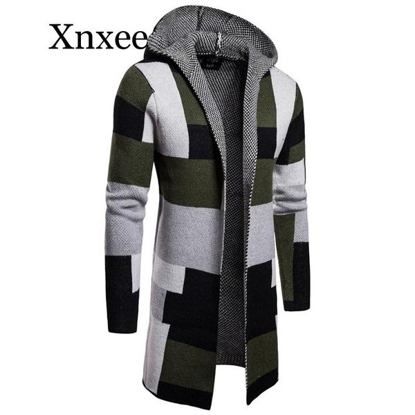 

gray men x-long sweater coat hooded stripe color matching jackets long style cardigan outerwear sweater male button coat, White;black