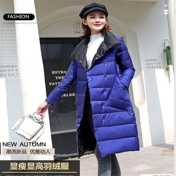 

2019 women double sided down long jacket winter turtleneck white duck down coat double breasted warm parkas snow outwear, Black