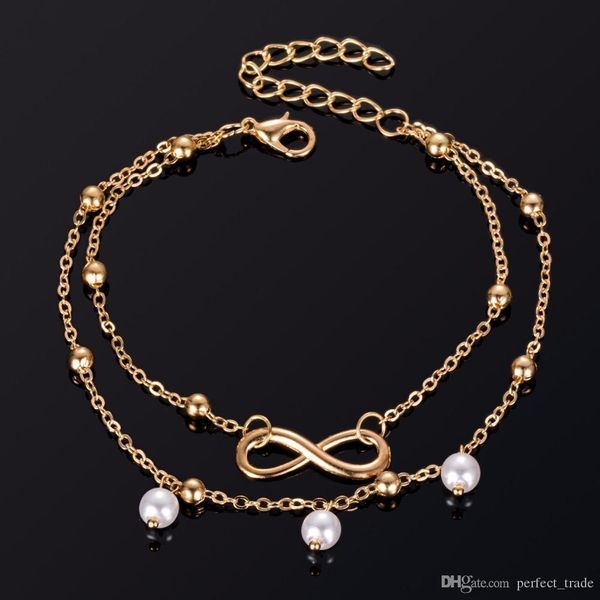 

silver gold plated ankle bracelets luxury pearl double layer ankle bracelets handmade beaded anklet barefoot beach jewelry sale, Red;blue