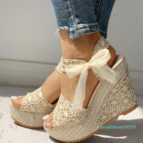 

ins lace leisure women wedges heeled women shoes 2019 summer sandals party platform high heels shoes woman cj191220 c09, Black