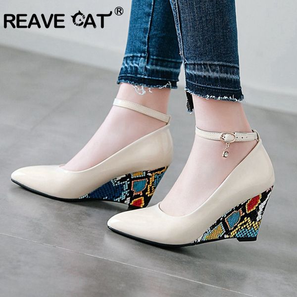 

reave cat women wedge shoes pumps pointed toe high heels wedding party pearl sanke print floral ladies footwear slip on zapatos, Black