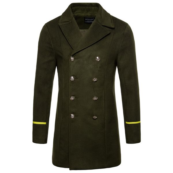 

2019 winter wool coats men pea coat double breasted woolen mens fashion overcoat army green big size trench coat, Black