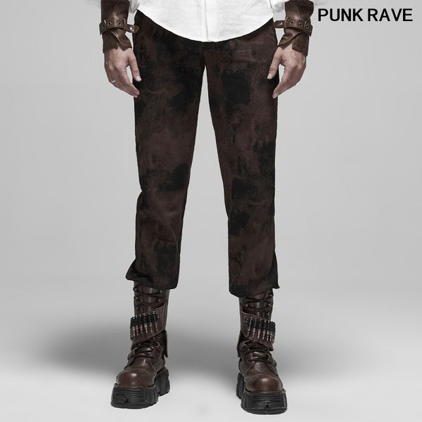 

steampunk print metal adjusting button mid-low waist straight pants punk bandage mottled stripes men trousers punk rave wk-416, Black