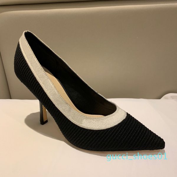 

2019 fashion designer women high heels 9.5cm black nude mesh letters ribbon pointed toes pumps dress shoes genuine leather 35-42 g01