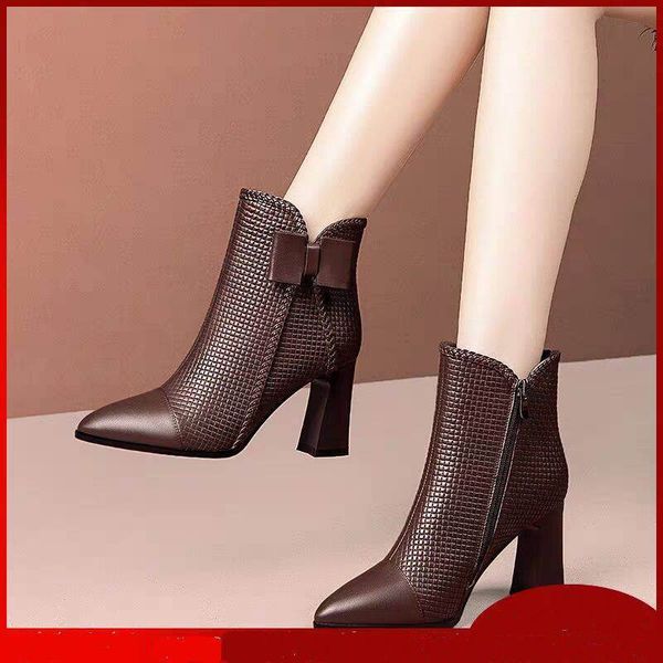 

autumn and winter new high-heeled short boots women's thick heel pu leather plus velvet pointed women's boots korean ankle, Black