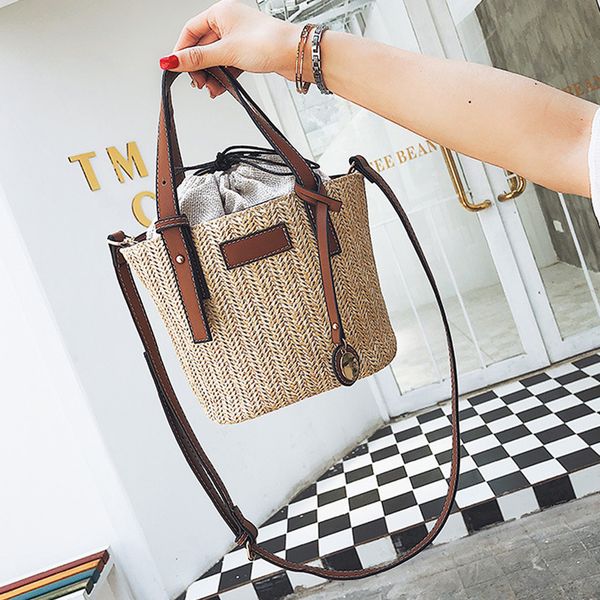 

lady's vintage spring summer woman beach straw weaving shoulder bag ladies trendy summer bucket hand bags