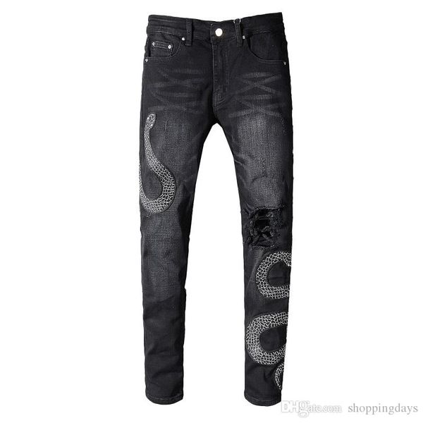 

brand ami skinny mens distressed jeans designer slim pants ripped embroidery slim denim motorcycle biker hole hip hop snakeskin patch men, Blue
