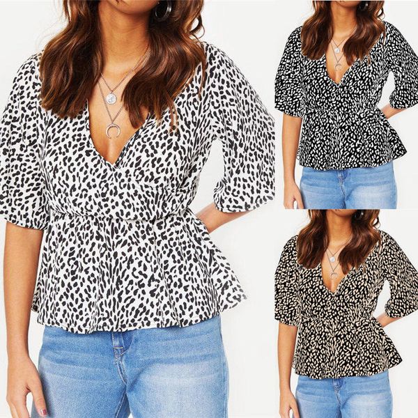 

women's blouses & shirts ladies casual loose fitting leopard print female deep v-neck short-sleeved chiffon pullover blouse tunic, White