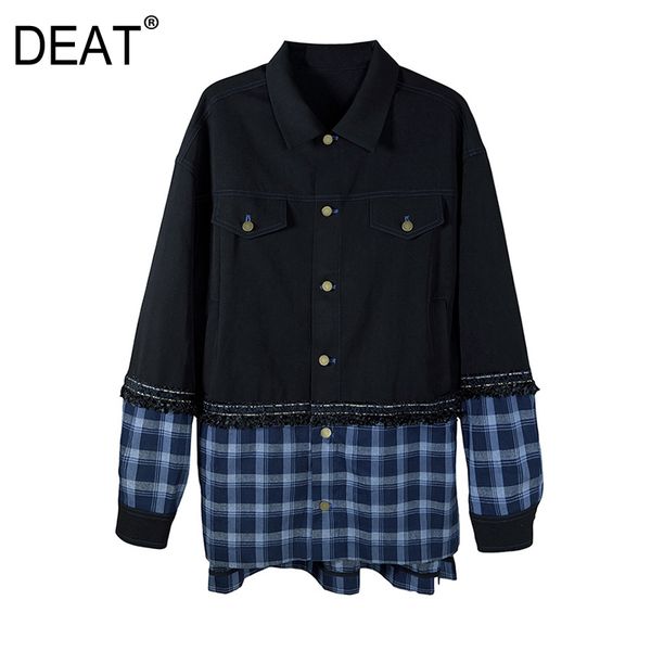 

deat] 2019 fashion trend new pattern long sleeve lapels stitching blue and black colorblock long plaid blouse female at769, White