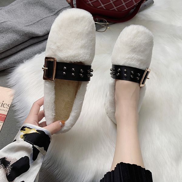 

2019 autumn and winter new female flat bottom one pedal lazy plus velvet warm peas shoes tide, Black