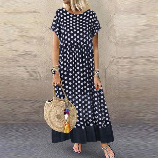 

summer dress women 2019 fashion beach dresses polka dot fake two pieces o-neck short sleeve plus size maxi dress party dresses, Black;gray