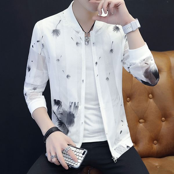 

sun protection clothing summer jackets men fashion 2019 streetwear slim fit bomber jacket stand collar print hollow outwear coat, Black;brown