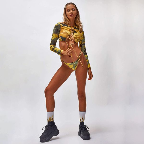 

2020 new split swimsuit printed long sleeve high elastic swimming suit outdoor sports split swimsuit, White;black