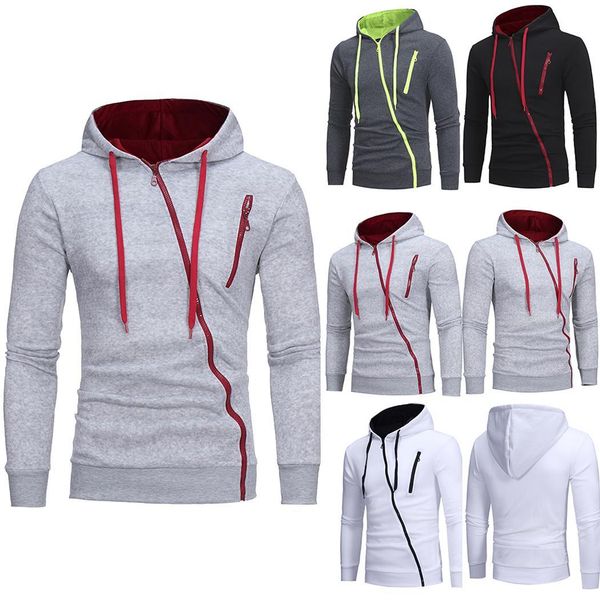 

men autumn casual solid long sleeve hooded zipper drawstring sweatshirt, Black