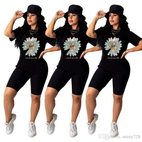 

luxurious crystals flowers pattern women outfits short sleeves t shirt summer print party nightclub shorts sets sports tracksuits