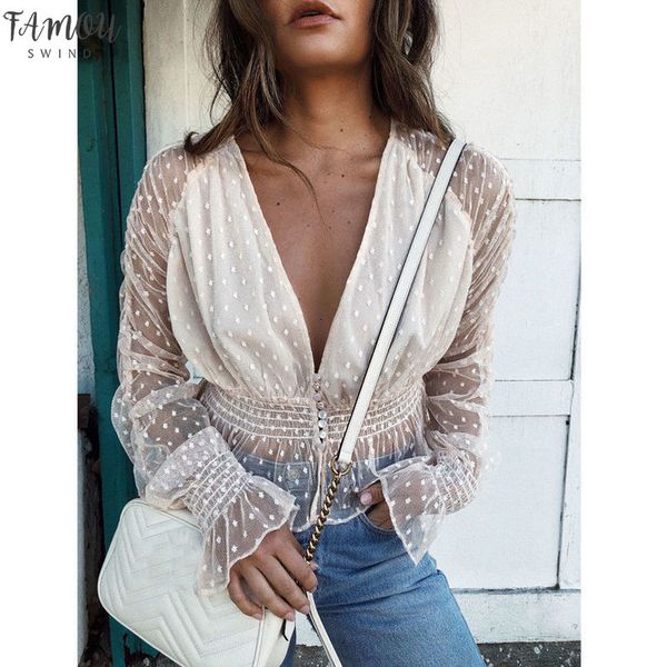 

new women long sleeve t shirt polyester transparent deep v neck lace t shirts summer fashion women clothes, White