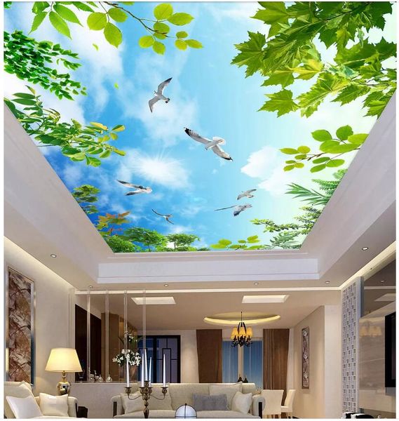 

3d ceiling murals wallpaper custom mural beautiful blue sky white clouds and green leaves living room home decor wallpaper for walls 3 d