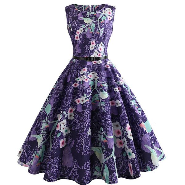 

women ladies retro vintage dress sleeveless belt swing floral print a-line dress, Black;gray