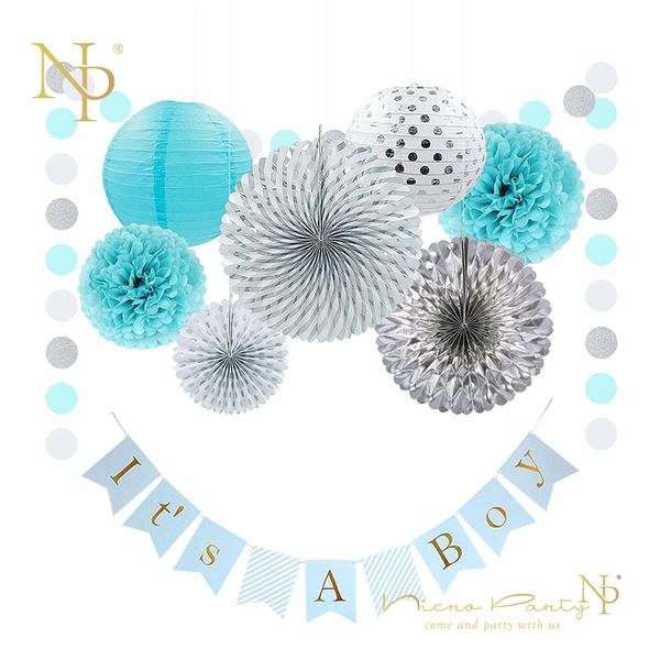 Nicro Blue Amp White Banner Paper Pom Pom Flower Paper Lantern