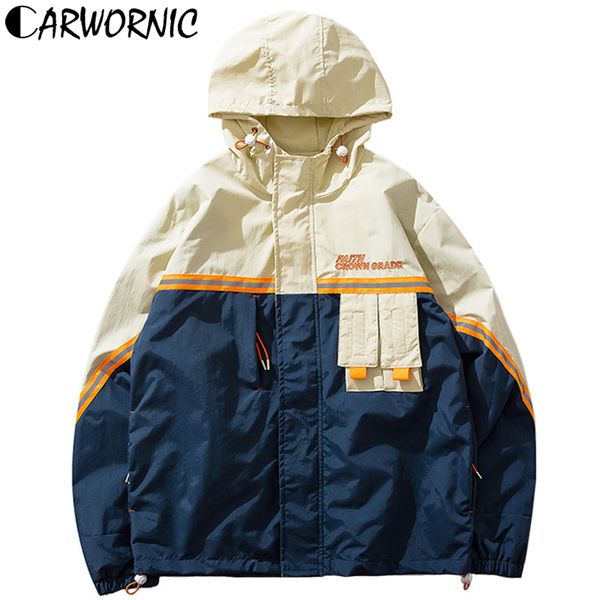 

carwornic autumn harajuku hip hop hooded jacket men spring retro streetwear jacket windbreaker vintage color block track jackets, Black;brown