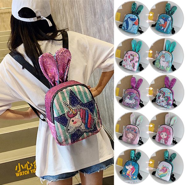 

12 styles variable color unicorn shark backpack rabbit ear glitter sequins backpack girl cartoon school book bag travel bags gift ems zjy680
