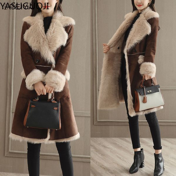 

yasuguoji winter elegant fashion slimming all-match velvet slim fit korean version leather and fur in one long cotton overcoat, Black