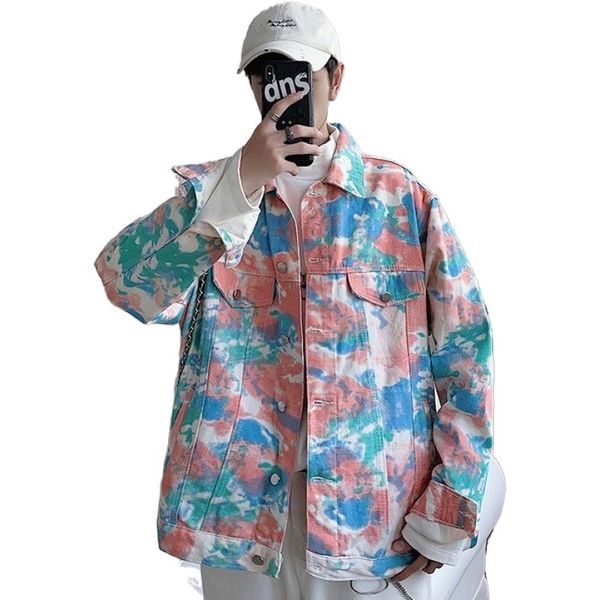 

windbreaker denim jacket men plus size 5xl 2019 autumn new tie dyeing loose hip hop jeans jacket men japanese streetwear, Black;brown