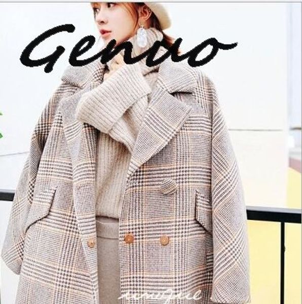 

genuo new 2020 vintage chic plaid woolen loose coat woman tailored collar short wool overcoat casual winter outerwear, Black
