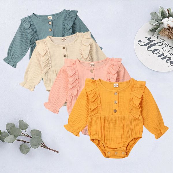 

baby girl твердый хлопок ruffled bodysuits 0-24х новорожденные малышей повседневного длинного рукав o шея легкого костюм с шортами комбинезо, Blue