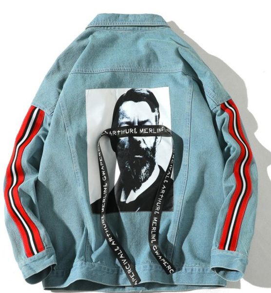 

2019 новое прибытие мода популярные мужские печатные ленты плавающей джинсовое пальто мыть свободные мальчики отворотом джинсовые пальто оде, Black;brown