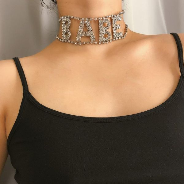 

popular women's jewelry personality exaggerated nightclub flash rhinestone items original diamond letters babe ladies necklace, Golden;silver