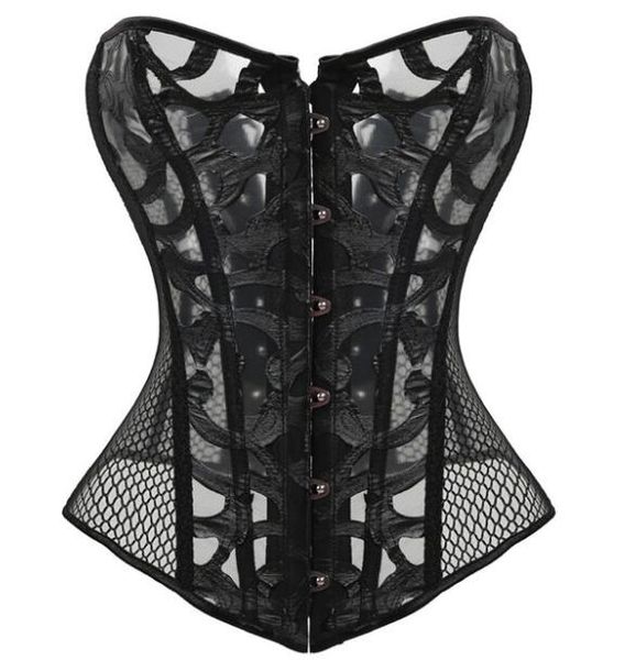 

waist training corset body shaper women corset black lace up boned overbust corset transparent floral pattern & mesh gothic clothing
