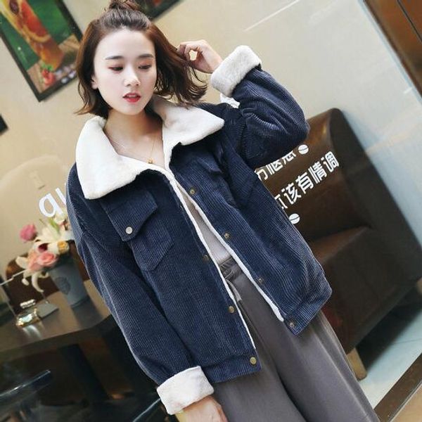 

woman loose corduroy jacket women new thick winter lambswool jackets ladies cute outerwear coat warm parka female dc776, Black