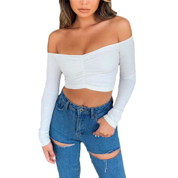 

Women Crop tops Summer Autumn Solid 4 colors Off shoulder long sleeve T Shirts Slim Pullover Strappy Clubwear Top ladies Girls