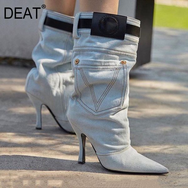 

deat] 2019 sharp toe denim cloth pocket side zipper single women thin high heels short boots new spring autumn fashion 10e634 t200425, Black