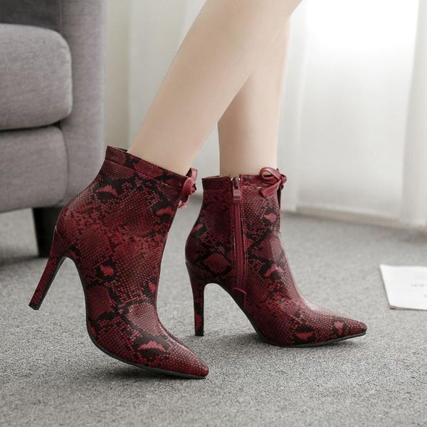 

snake pattern pointed toe women's boots 2019 zipper ankle boots fashion bow stiletto casual high heels ladies shoes #g3, Black