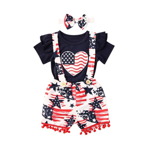 

baby girl 4th july clothes set 2020 0-24m toddler infant summer short sleeve heart bodysuit strap shorts headband 3pcs outftis, White