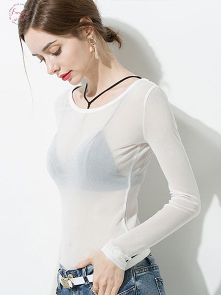 

2019 new sexy 2 шт белый mesh tops твердая женщины чистая рубашка с длинным рукавом see through tee tops прозрачный черный sheer tops, White