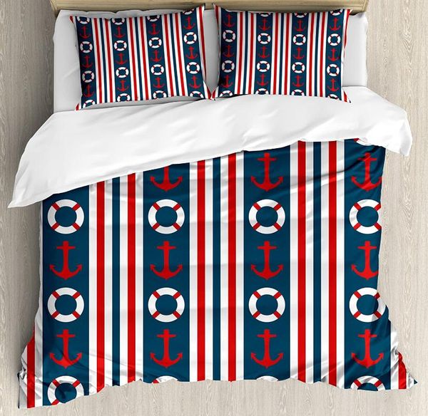 

nautical duvet cover set vertical borders stripes maritime theme steering wheel and anchor pattern bedding set indigo red white