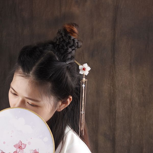 

retro women enamel crystal peach flower hair stick hairpin chinese style handmade hair accessories, Golden;white