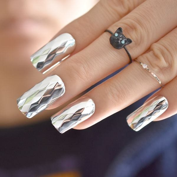 Fashion Metallic Silver False Metal 3d Rhombus Pattern Long Square Fake Nails Cool Style Art French Tips False Nails How To Do Acrylic Nails From