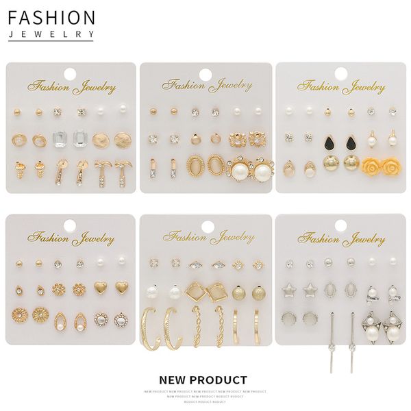 

9 pairs/set 2019 new arrival bohemian earrings for women fashion jewelry punk flower pearl stud earrings ladies gift dropshiping, Golden;silver