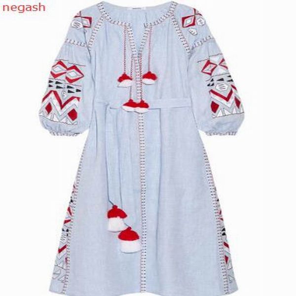 

2018 original design women's loose embroidery dress lady's long dresses national tassel cotton linen vestidos high quality, Black;gray