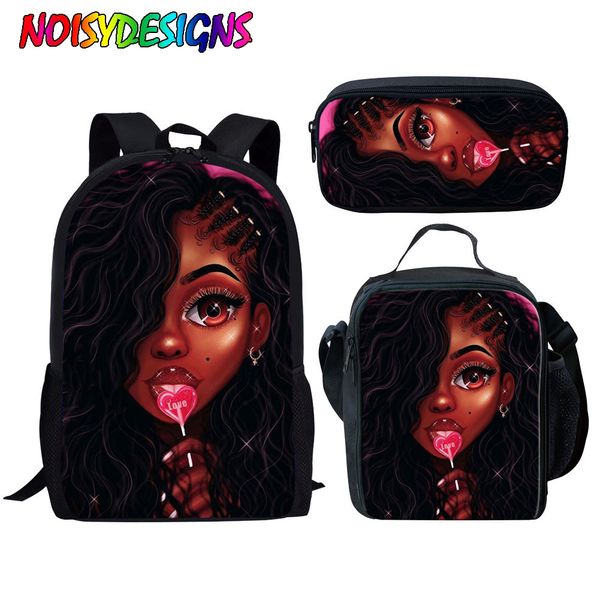 

noisydesigns kid school bag for children black art afro girls school backpack students 3pcs/set shoulder bookbag mochila escolar