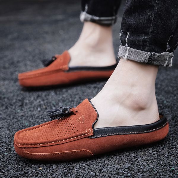 

big size 38-47 summer suede leather men loafers slippers breathable mens casual shoes anti-slip mules moccasins driving shoes, Black