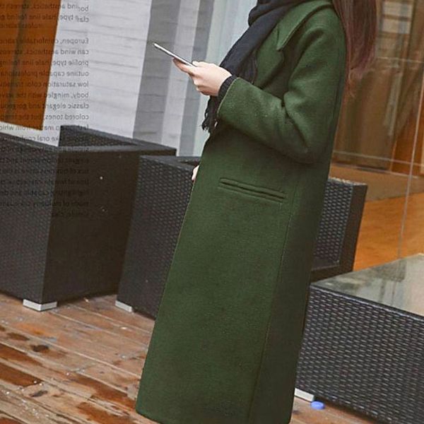 

women autumn winter wool & blends long coat long sleeve turn-down collar single button pockets ladies casual slim outerwear, Black