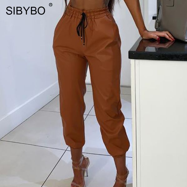 

sibybo high waist pu leather casual pants women fashion drawstring pockets pencil pants solid streetwear autumn women trousers, Black;white